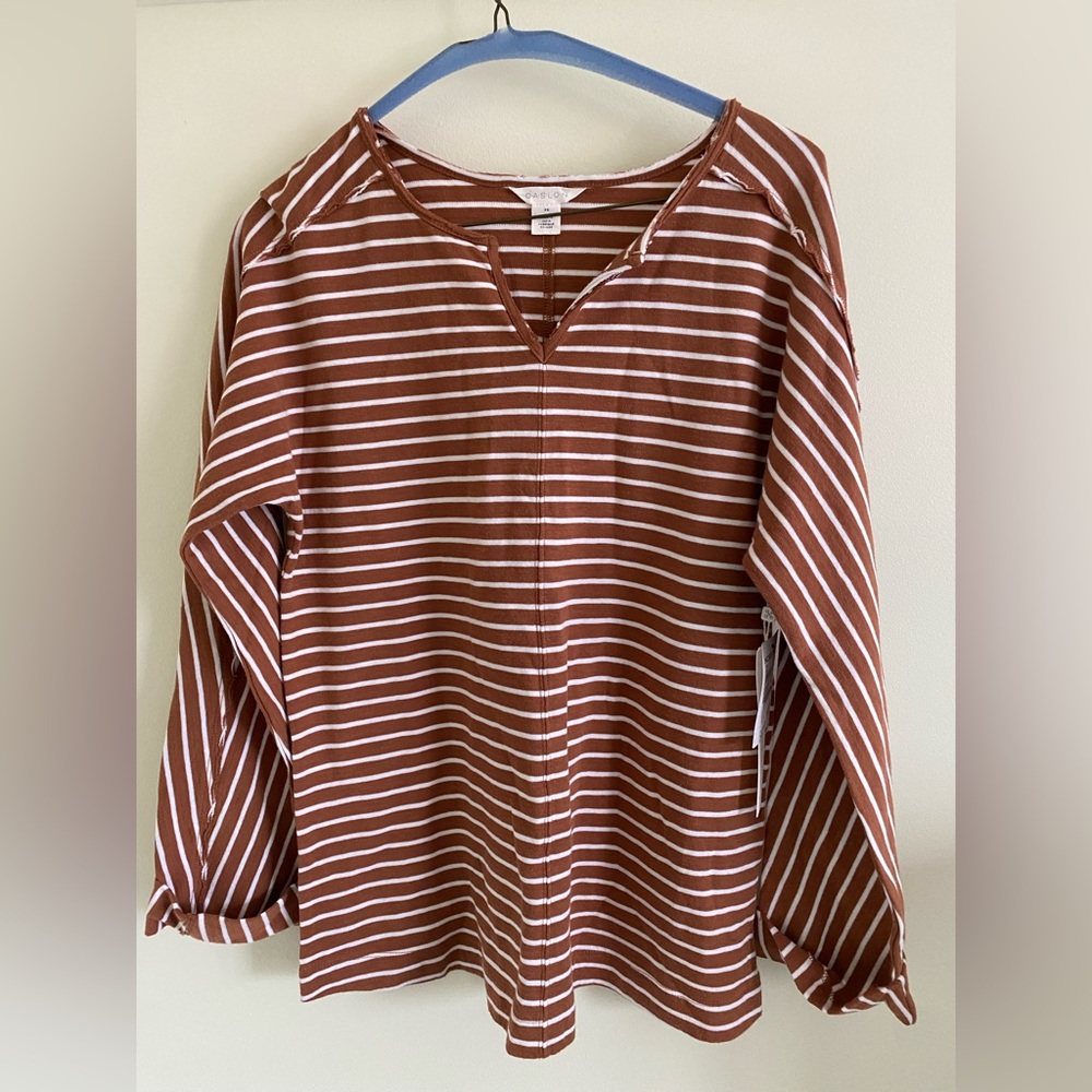 NWT Caslon Rust & White Striped Shirt With Cuffed Sleeves-Size XS